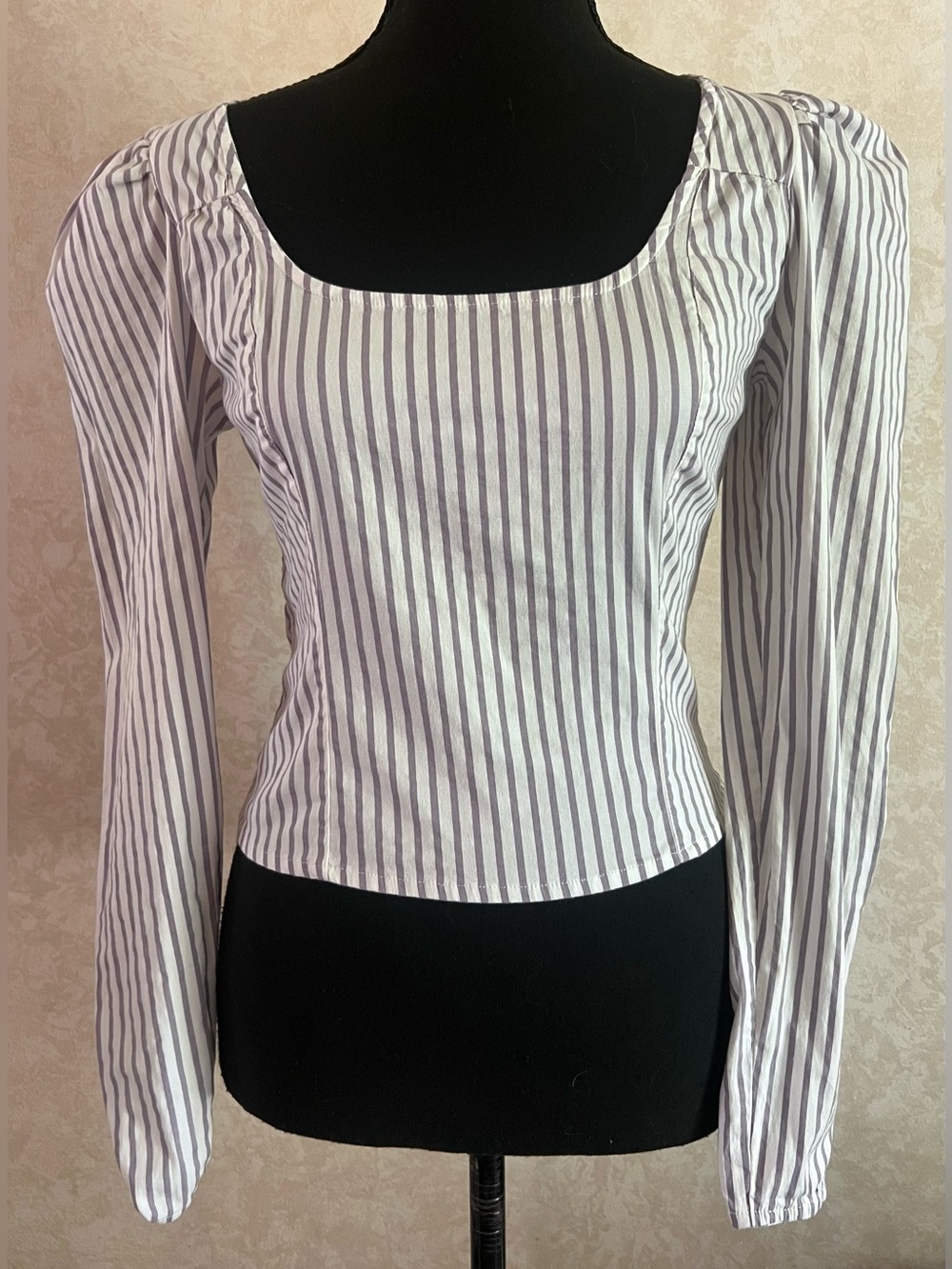 Free People Striped Square Neck Long Sleeve Top - White and blue/grey